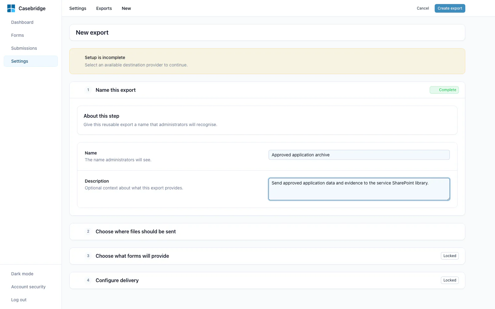 Casebridge editor showing the guided steps for configuring a reusable export