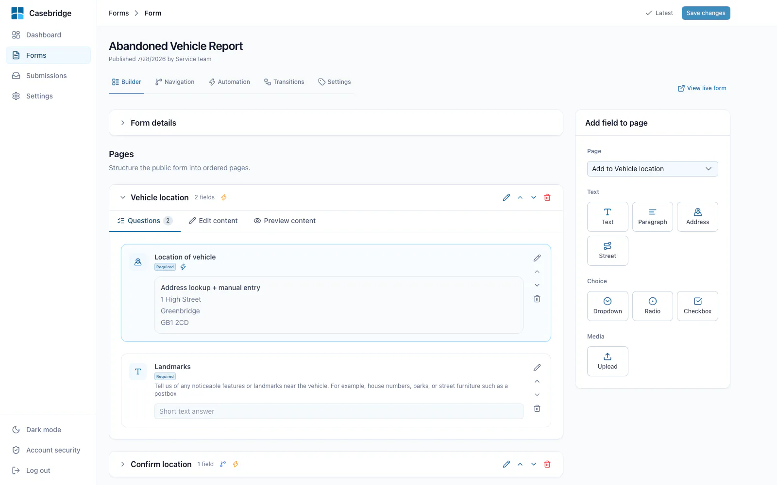 Casebridge form builder showing a public service form and its editable fields