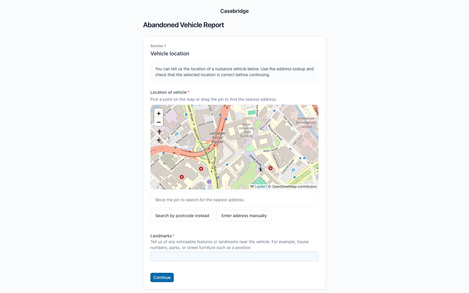 A public Casebridge form collecting details for an abandoned vehicle report