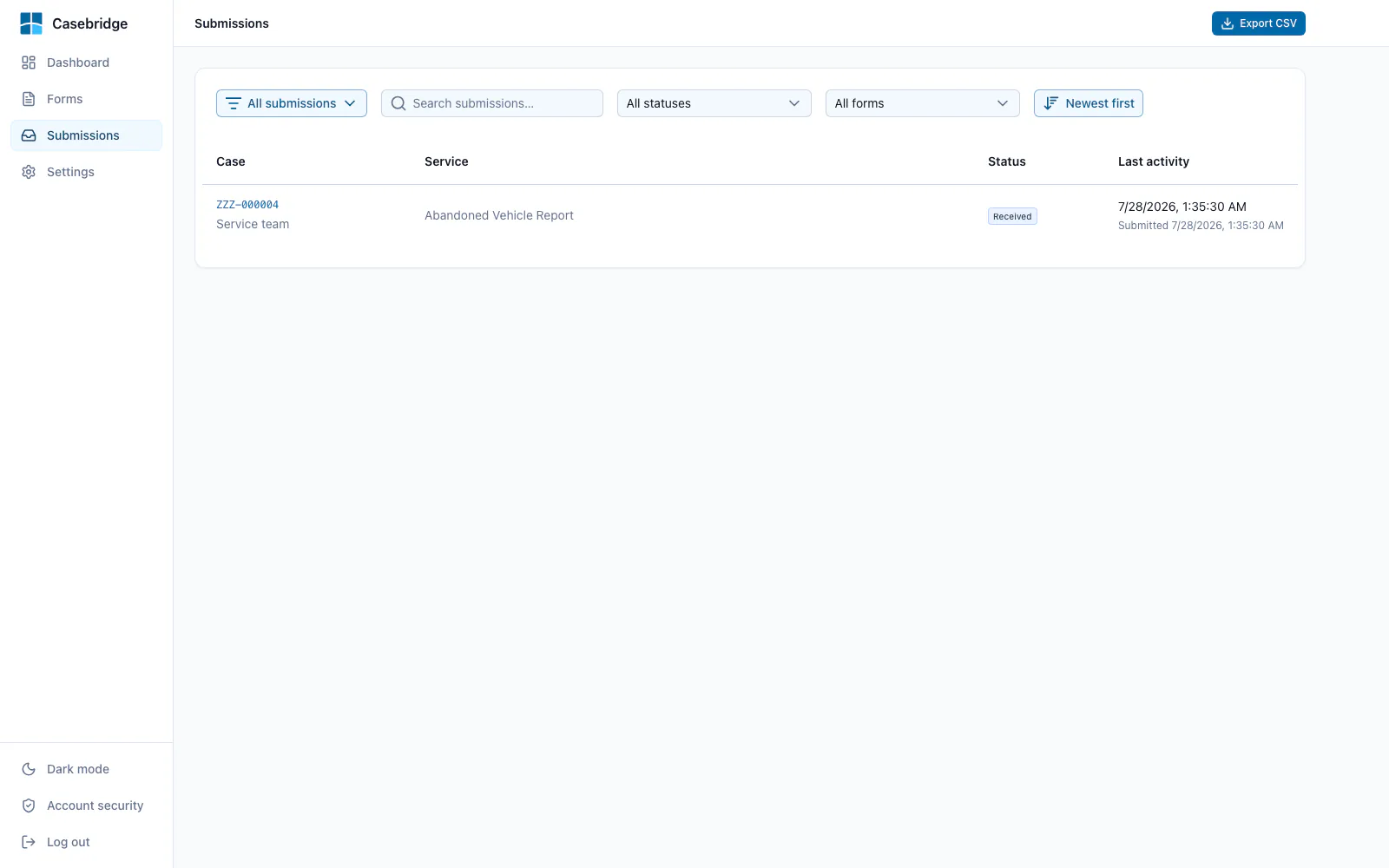 Casebridge submission inbox showing cases with their service, status and latest activity
